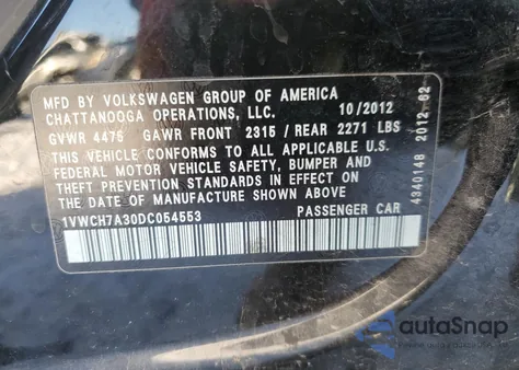 2013 Volkswagen Passat Sel from USA, damaged, VIN 1VWCH7A30DC054553
